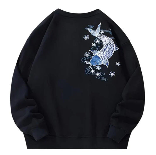 Embroidered Blue Koi Fish Sweater - Unisex