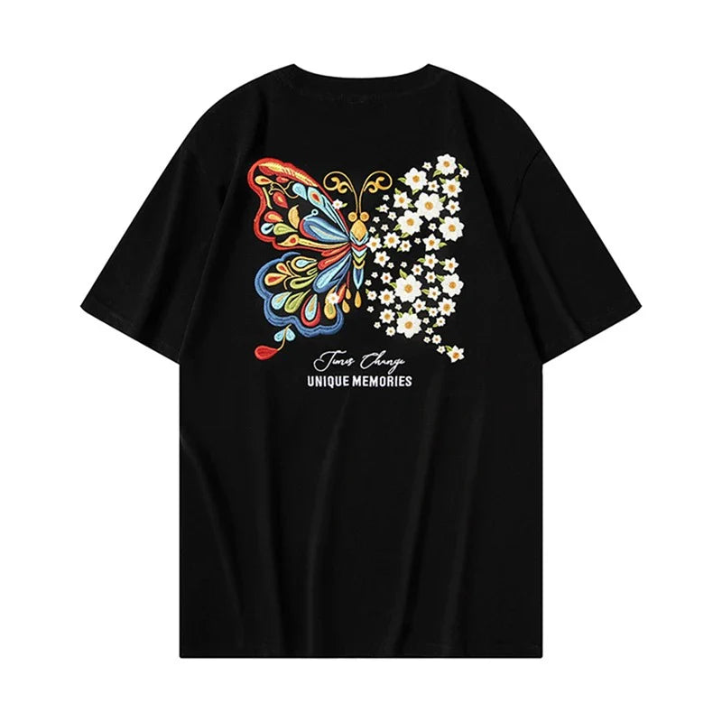 Butterfly Flowers Embroidery T Shirt Cotton