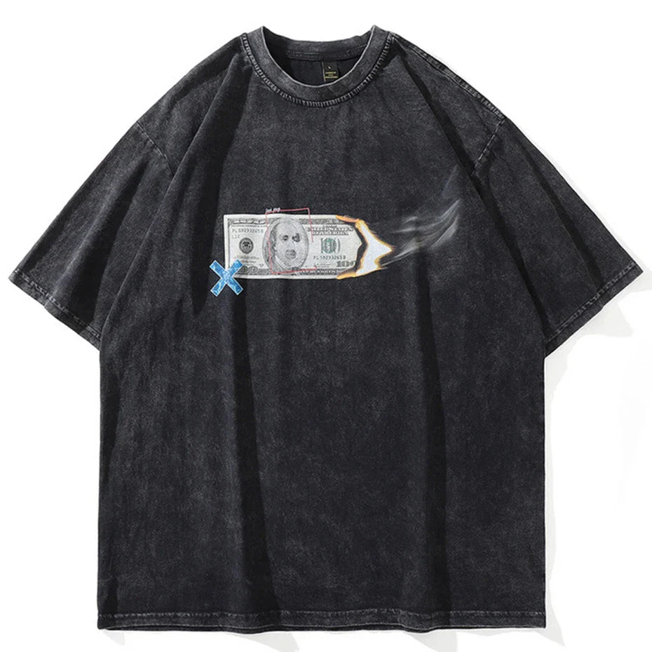 Burning 100 Dollar BIl Retro Washed T-shirt