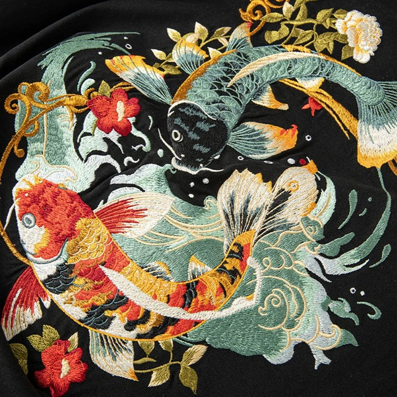 Koi Carp Embroidery T Shirt Cotton