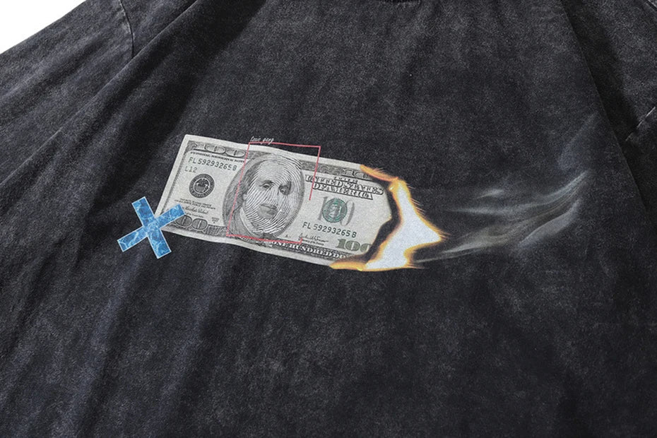 Burning 100 Dollar BIl Retro Washed T-shirt