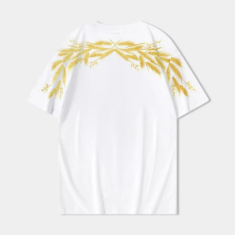 Embroidered Wheat Pattern Cotton T Shirt