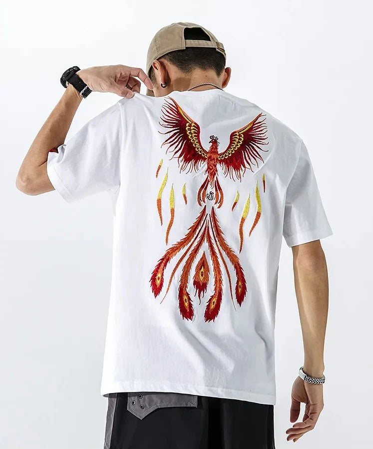 Embroidered Burning Phoenix T-shirt, Japan Street Style (Unisex)