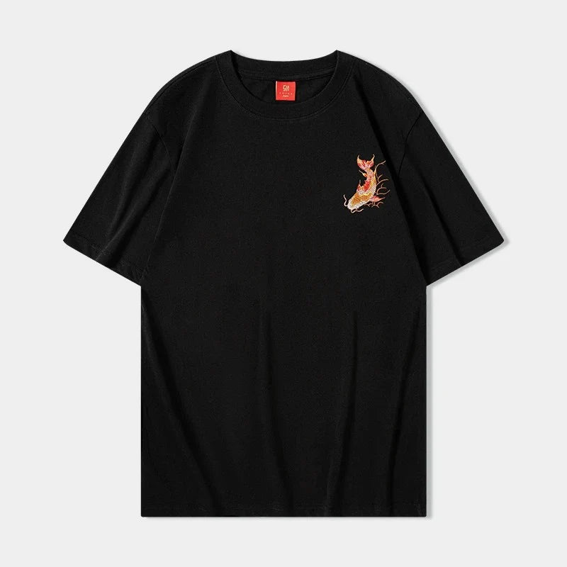 Koi Fish Embroidery T Shirt Cotton