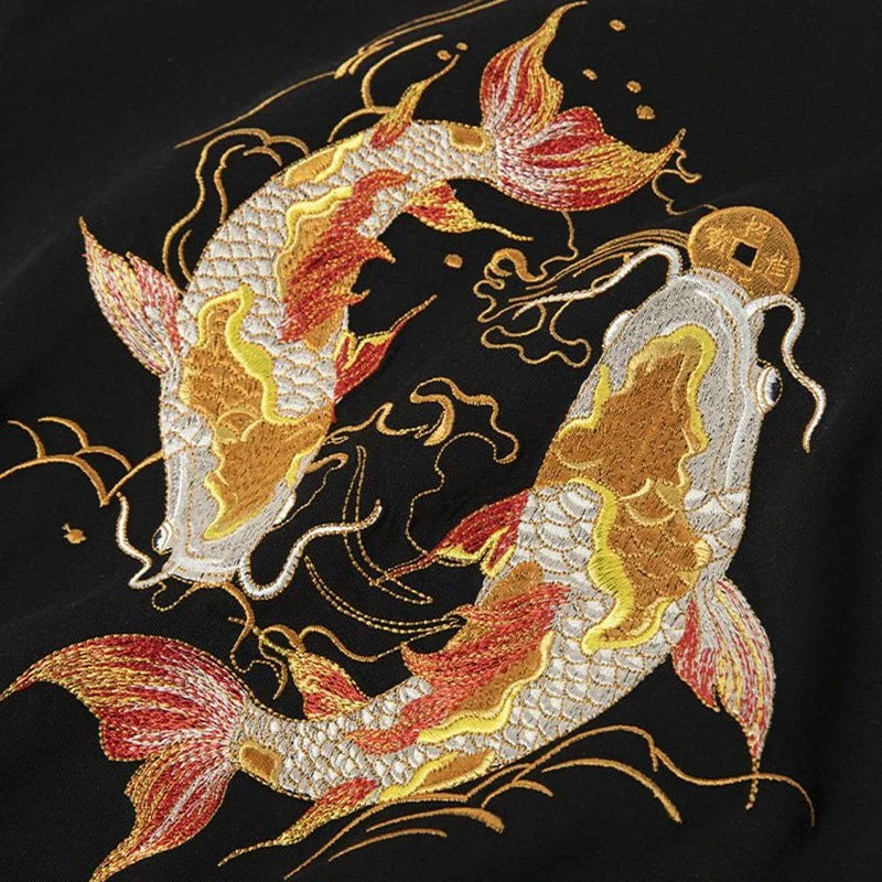 Koi Fish Embroidery T Shirt Cotton