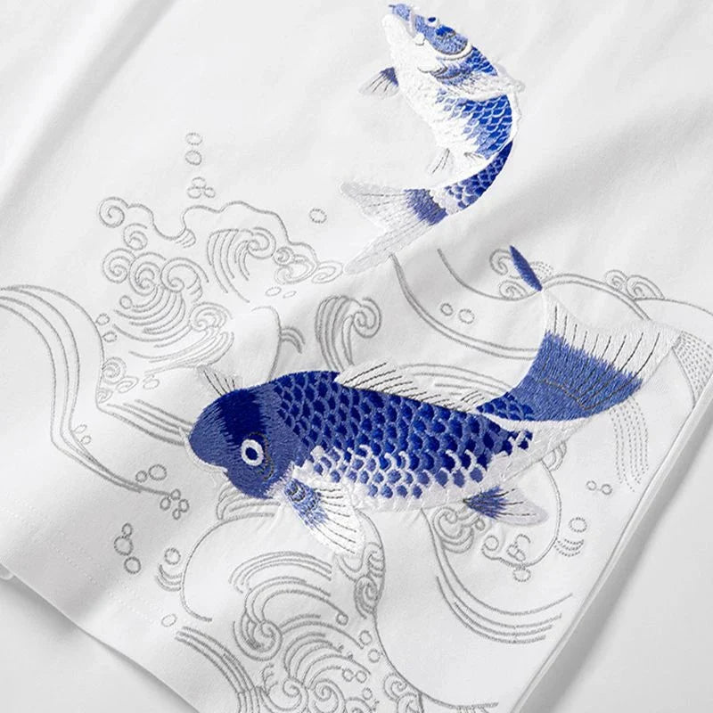 Blue Koi Fish Embroidery T Shirt Cotton