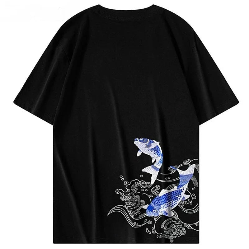 Blue Koi Fish Embroidery T Shirt Cotton