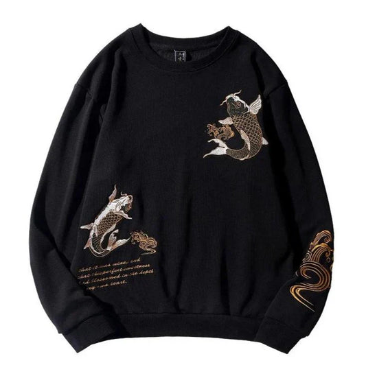 Black Gold Embroidered Koi Fish Sweater - Unisex Cotton