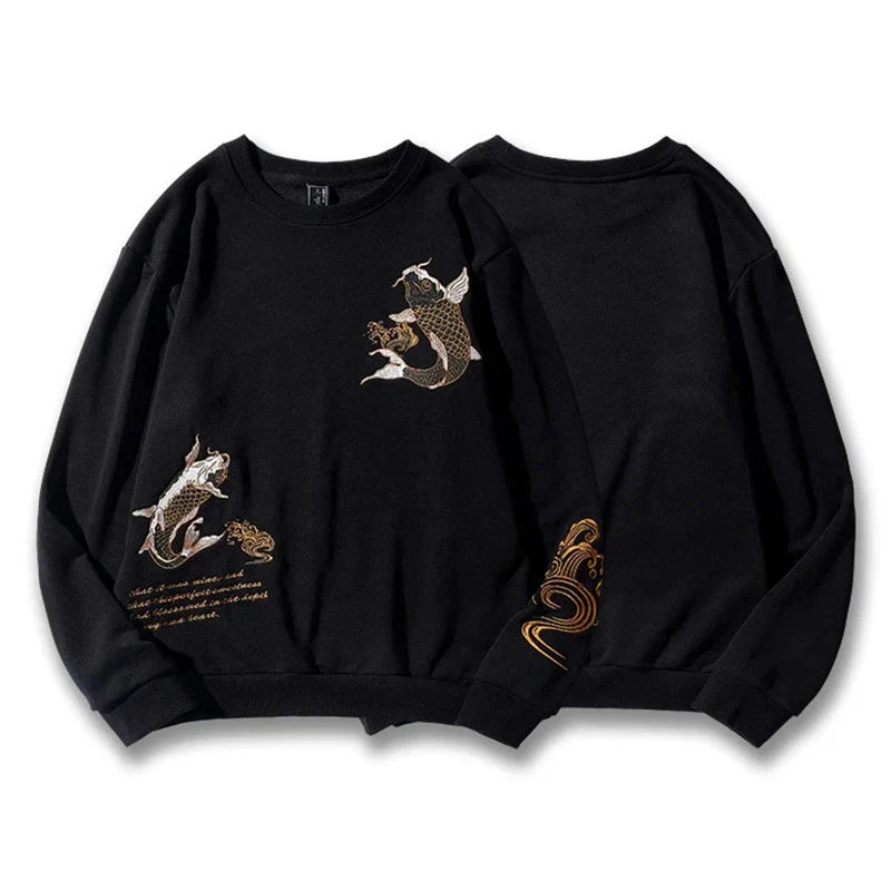 Black Gold Embroidered Koi Fish Sweater - Unisex Cotton