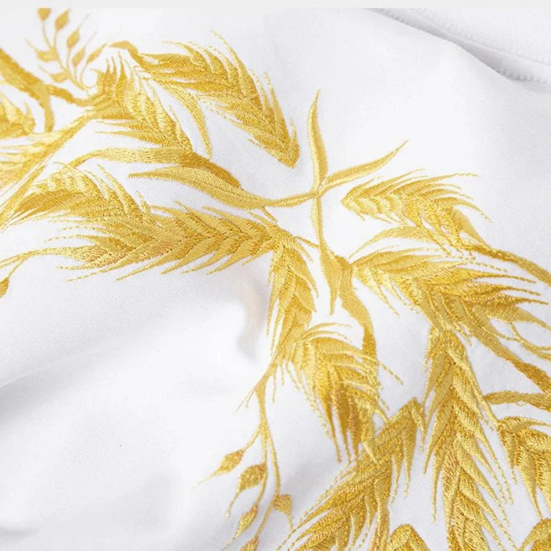 Embroidered Wheat Pattern Cotton T Shirt