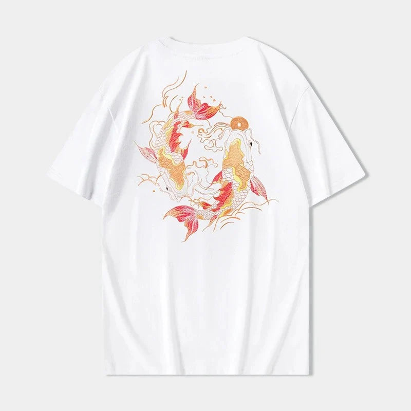 Koi Fish Embroidery T Shirt Cotton