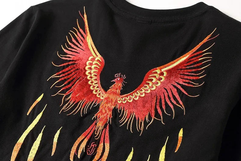 Embroidered Burning Phoenix T-shirt, Japan Street Style (Unisex)