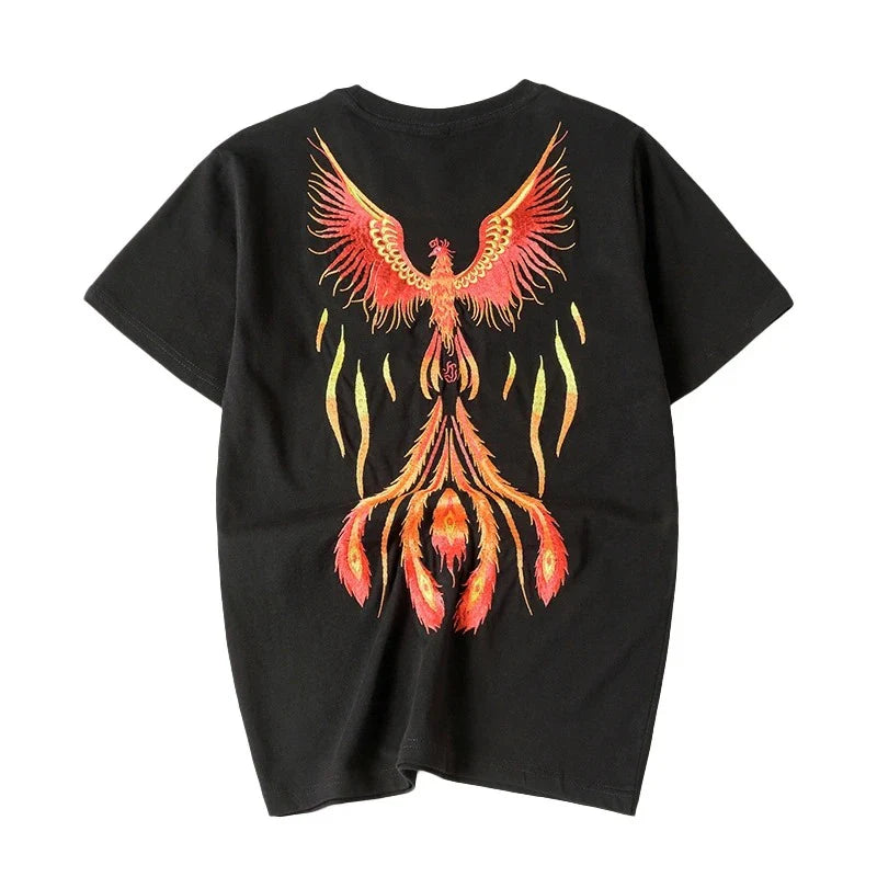 Embroidered Burning Phoenix T-shirt, Japan Street Style (Unisex)