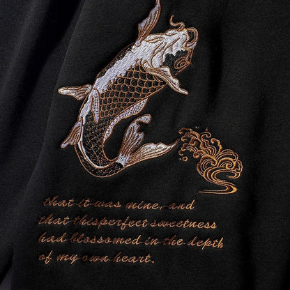 Black Gold Embroidered Koi Fish Sweater - Unisex Cotton