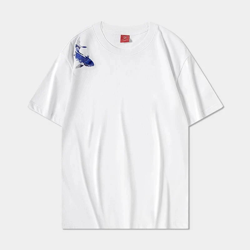 Blue Koi Fish Embroidery T Shirt Cotton