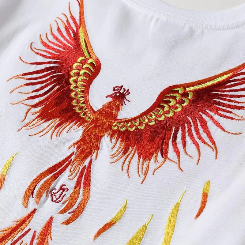 Embroidered Burning Phoenix T-shirt, Japan Street Style (Unisex)