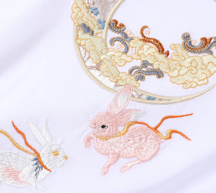 Fluorescent Moon Rabbit Embroidery T Shirt Cotton