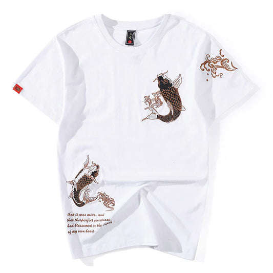 Black Gold Embroidered Koi Fish T-Shirt Cotton