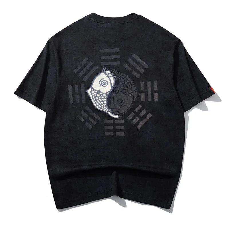 Yin Yang Koi Embroidery T-Shirt Cotton