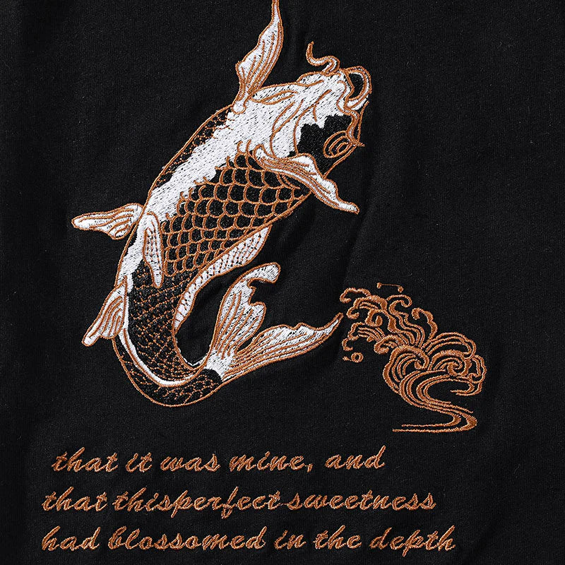 Black Gold Embroidered Koi Fish T-Shirt Cotton