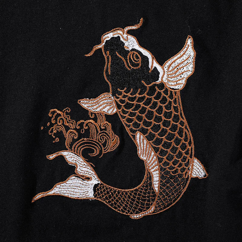 Black Gold Embroidered Koi Fish T-Shirt Cotton