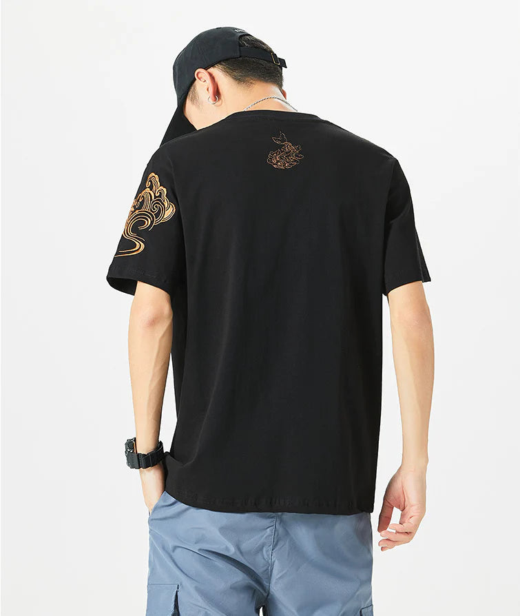 Black Gold Embroidered Koi Fish T-Shirt Cotton