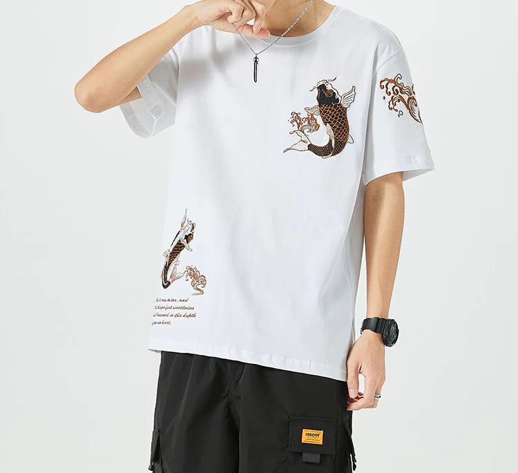 Black Gold Embroidered Koi Fish T-Shirt Cotton