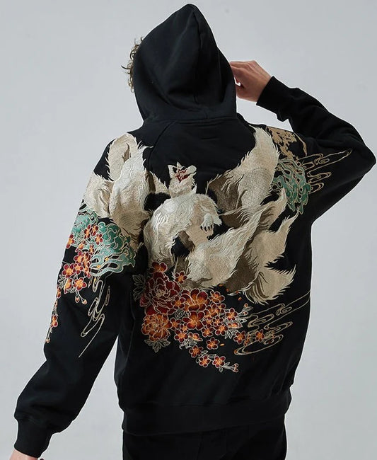 Nine Tailed Fox Kitsune Embroidered Hoodie, Yokosuka Pullover