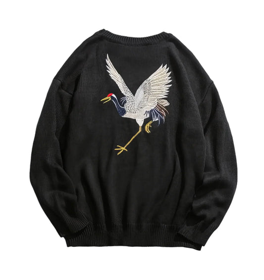 Embroidery Knitted Crane Sweater - Unisex