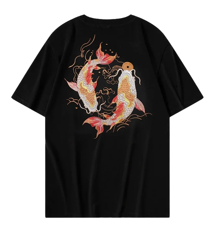 Koi Fish Embroidery T Shirt Cotton